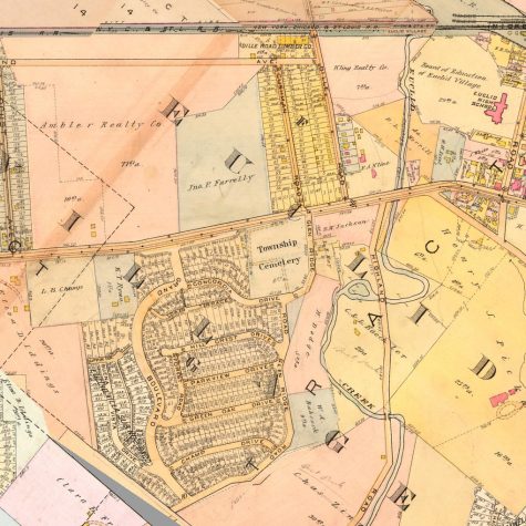 A 1926 zoning map of Euclid, Ohio, with sections of the village colored in green, yellow and pink. The words “Euclid Village” are printed over the illustration and several small features are labeled.