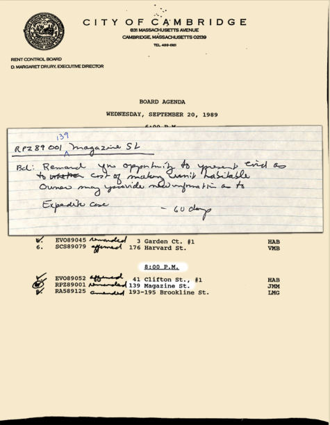 A copy of a meeting of the Cambridge Rent Control Board, with a handwritten excerpt noting the Petrillo home was a topic of discussion at that meeting.