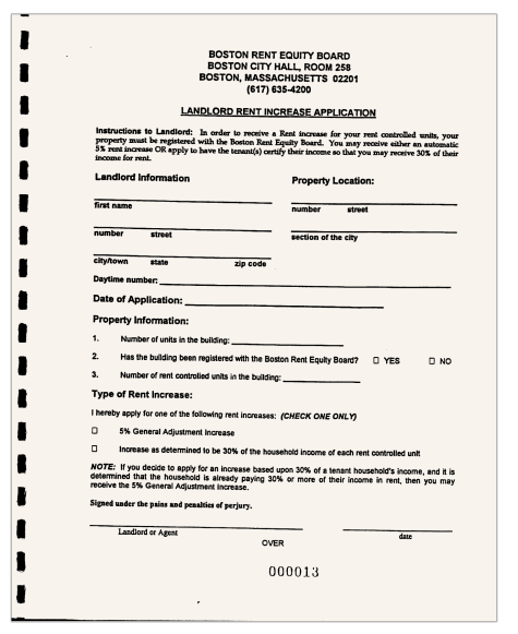 Screen shot of the first page of a Boston Rent Equity Board “Landlord Rent Increase Application” from 1980s, when rent control was in place.