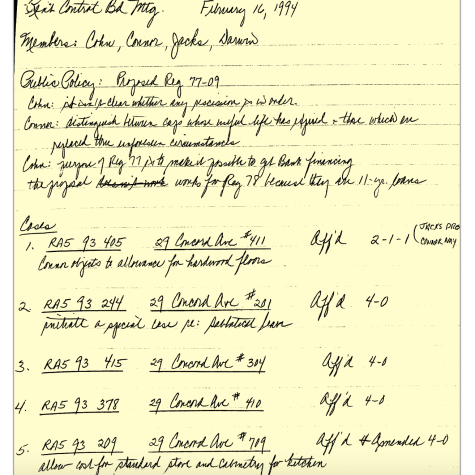 Alt: A handwritten sample page from a Cambridge Rent Control Board meeting, dated February 16, 1994, with members listed as Cohn, Connor, Jacks, Darwin, with notes on appeals for rent increases.