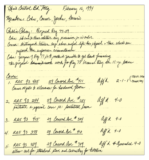 Alt: A handwritten sample page from a Cambridge Rent Control Board meeting, dated February 16, 1994, with members listed as Cohn, Connor, Jacks, Darwin, with notes on appeals for rent increases.