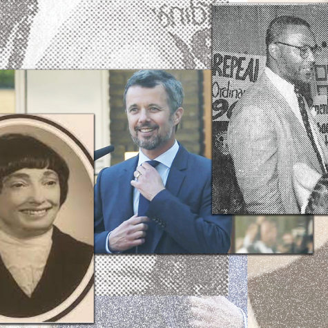 Judge Ruth Abrams wears old fashioned cravat and jacket with a bowl haircut. Prince Frederik wears a suit, tie and gold wedding band, and moustache and goatee. Ken Reeves wears glasses and a suit and stands in front of protestor signs as he talks with protestors.