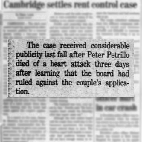 A newspaper clipping with one section superimposed over the rest of the article, confirming Peter Petrillo had a heart attack three days after the board ruled against the family.