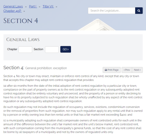 General Laws Chapter 40P Section 4 reads in part, "No city or town may enact, maintain or enforce rent control of any kind, except that any city or town that accepts this chapter may adopt rent control regulation that provides: ... (c) a municipality adopting such regulation shall compensate owners of rent controlled units for each unit in the amount of the difference between the unit's fair market rent and the unit's below market, rent controlled rent, with such compensation coming from the municipality's general funds, so that the cost of any rent control shall be borne by all taxpayers of a municipality and not by the owners of regulated units only."