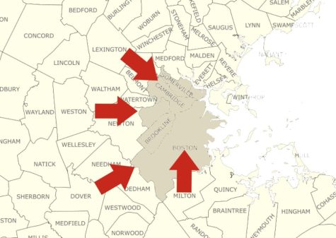 A map of eastern Massachusetts with arrows pointing to cash flowing from Lexington, Westford, Dover and Milton into Boston, Cambridge, Somerville and Brookline.